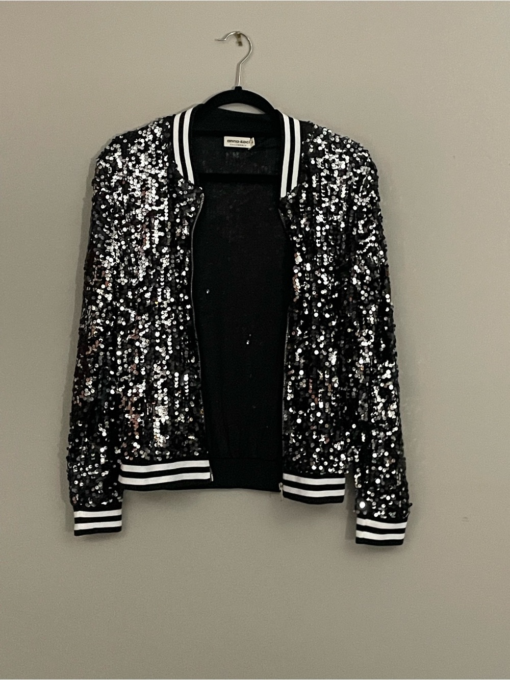 Sequin Black Varsity Bomber Jacket with White Stripe Trim
